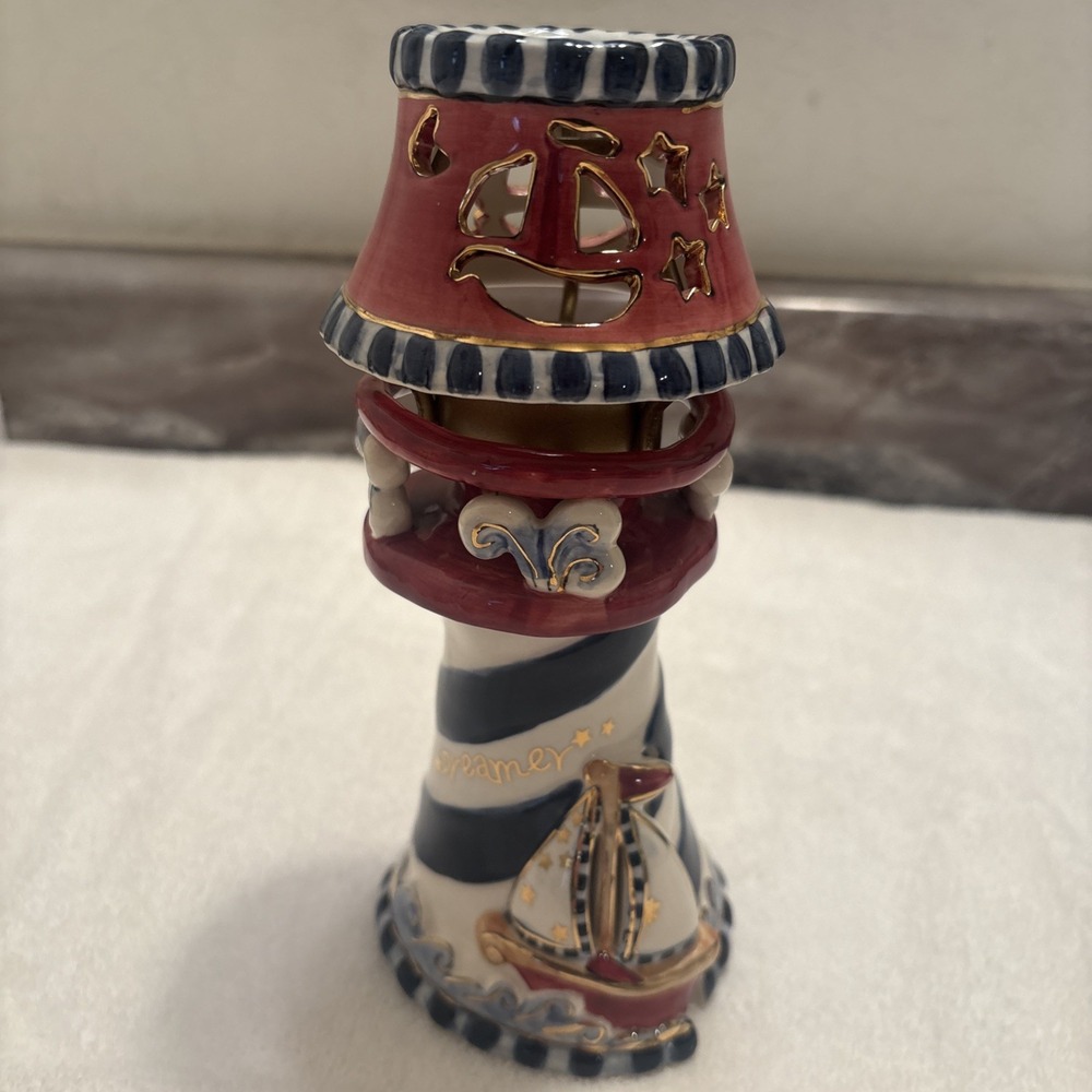 Vintage Blue Sky Clayworks Lighthouse Candle Holder Heather Goldminc 2001